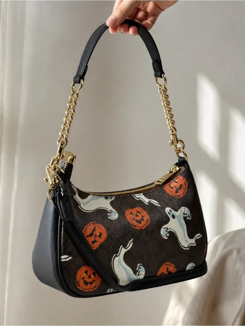 Coach Black Shoulder Bag with Orange Pumpkin & White Ghost Motif